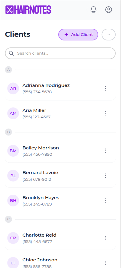 Mobile app screenshot showing client list